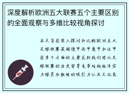 深度解析欧洲五大联赛五个主要区别的全面观察与多维比较视角探讨