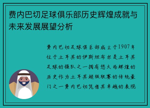 费内巴切足球俱乐部历史辉煌成就与未来发展展望分析